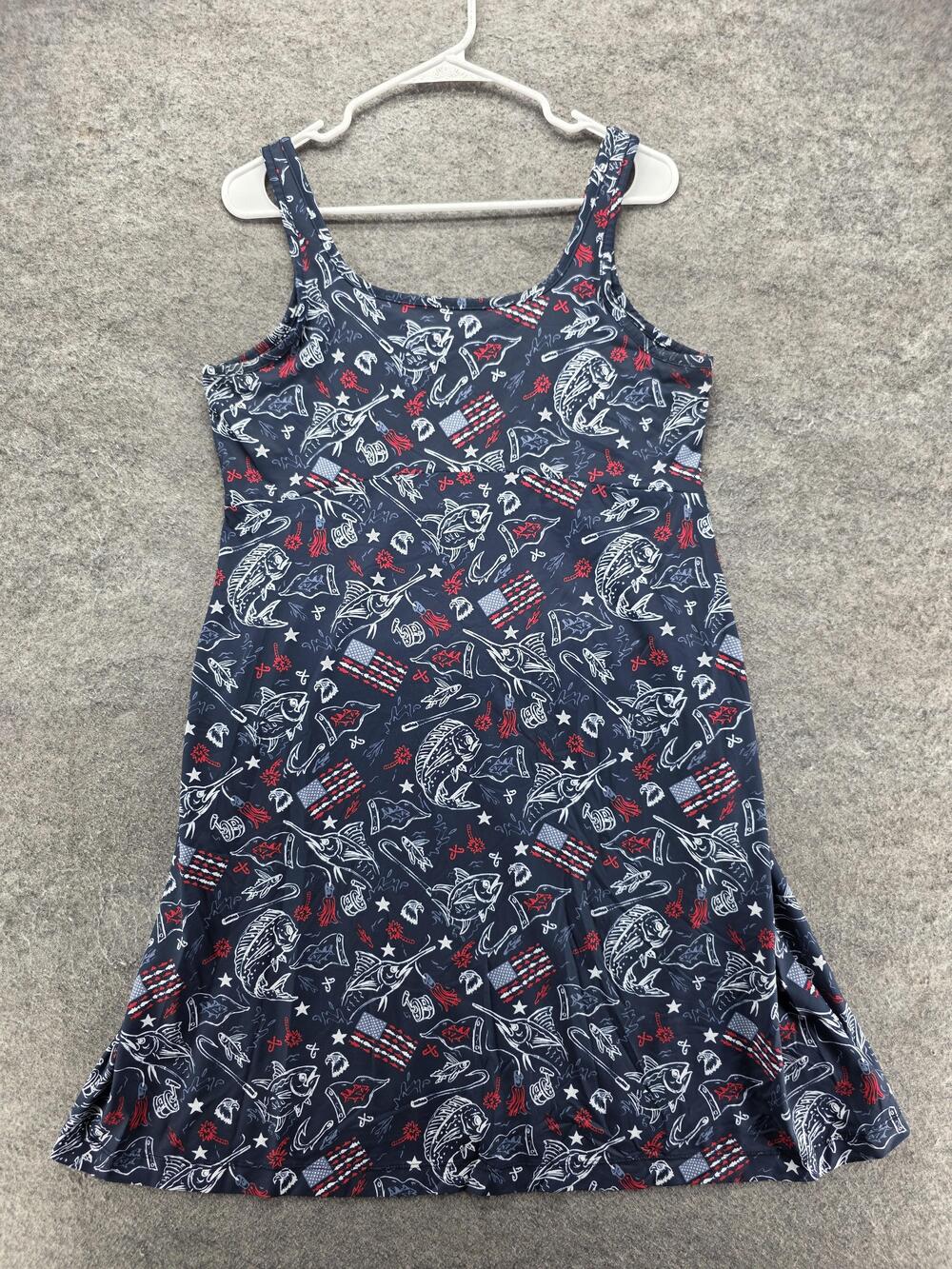 Columbia Dress Womens L Blue Tank Dress Scoop Neck Patriotic PFG Fishing Print